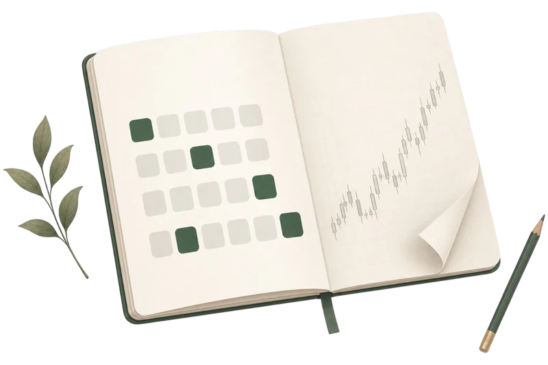 Illustration of a journal with a 21-day progress grid and chart notes