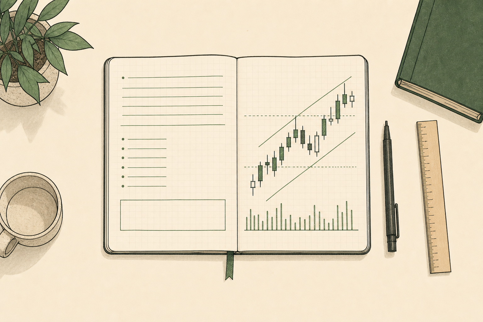 A study desk with an open trading journal showing candlestick charts and notes